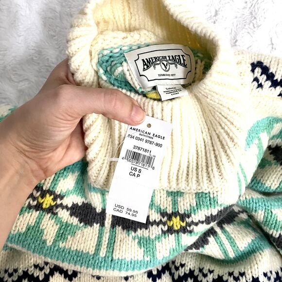 NEW American Eagle Blue Cream Oversized Fairisle Mock Neck Sweater S - Picture 6 of 7